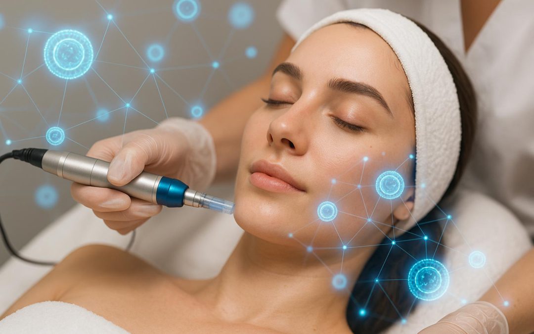 Femme recevant un soin de microneedling avec un stylo professionnel, accompagnée d’effets visuels illustrant les exosomes et la technologie cellulaire, dans un environnement esthétique moderne.