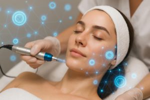 Femme recevant un soin de microneedling avec un stylo professionnel, accompagnée d’effets visuels illustrant les exosomes et la technologie cellulaire, dans un environnement esthétique moderne.
